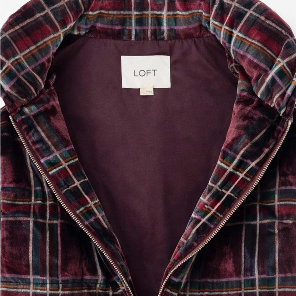 LOFT Velvet Plaid Puffer Vest in Burgundy with Black Accents - Picture 3 of 4